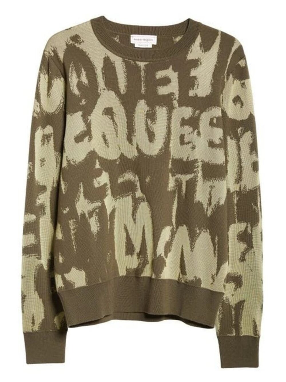 Alexander McQueen Men's Graffiti Logo Wool Blend Sweater Jumper in Khaki Size S